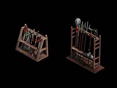 Medieval Weapons Collection Displayed on Wooden Racks with Swords Spears and Shields 3d model