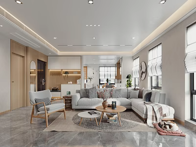 Modern Living Dining Room Interior Design With Sofa Coffee Table And Open Layout 3d model