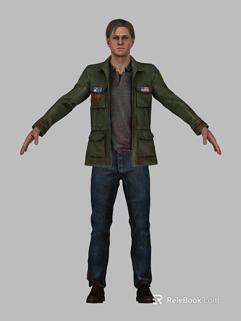 Man Wearing Military Green Jacket With Patches Gray Shirt And Jeans 3d model 