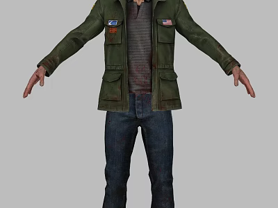 Man Wearing Military Green Jacket With Patches Gray Shirt And Jeans 3d model