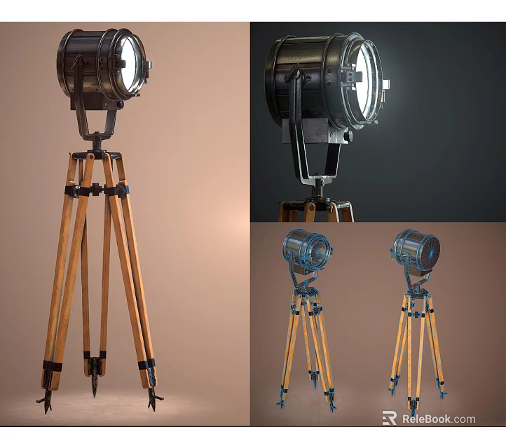 Vintage Tripod Floor Lamp With Metal Shade And Wooden Legs Design 3d model 