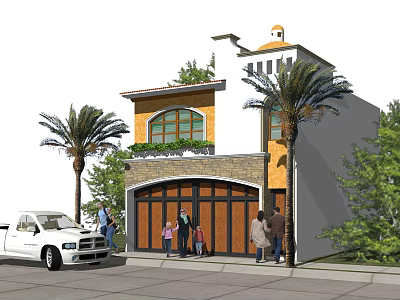 Mediterranean Detached Villa Exterior With Arched Windows Palm Trees And Garage Doors 3d model