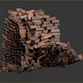 Partially Collapsed Red Brick Wall With Green Moss At Bottom On Gray Background