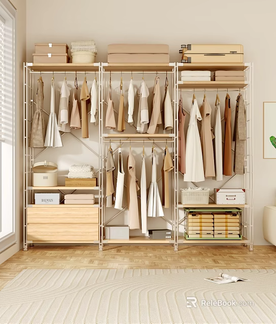 Modern Wooden Closet Rack With Hanging Folded Clothes And Storage Boxes 3d model 