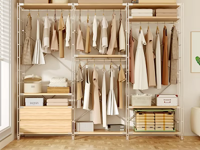 Modern Wooden Closet Rack With Hanging Folded Clothes And Storage Boxes 3d model