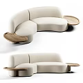 Modern Beige Bouclé Sectional Sofa With Curved Design And Wooden Side Tables