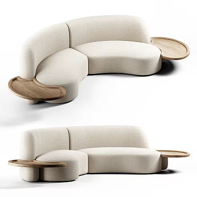 Modern Beige Bouclé Sectional Sofa With Curved Design And Wooden Side Tables 3d model
