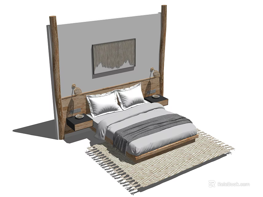 Minimalist Modern Double Bed With Wooden Headboard Nightstands Table Lamps Decorative Painting And Woven Rug 3d model 