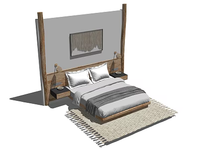 Minimalist Modern Double Bed With Wooden Headboard Nightstands Table Lamps Decorative Painting And Woven Rug 3d model