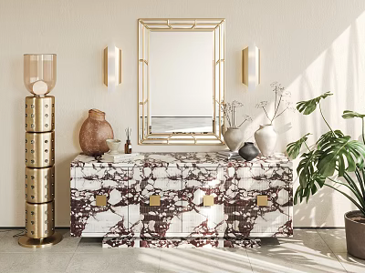 Entryway Console Cabinet with Marble Pattern Gold Accents Gold Framed Mirror Wall Sconces and Green Plant Decor 3d model