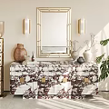 Entryway Console Cabinet with Marble Pattern Gold Accents Gold Framed Mirror Wall Sconces and Green Plant Decor