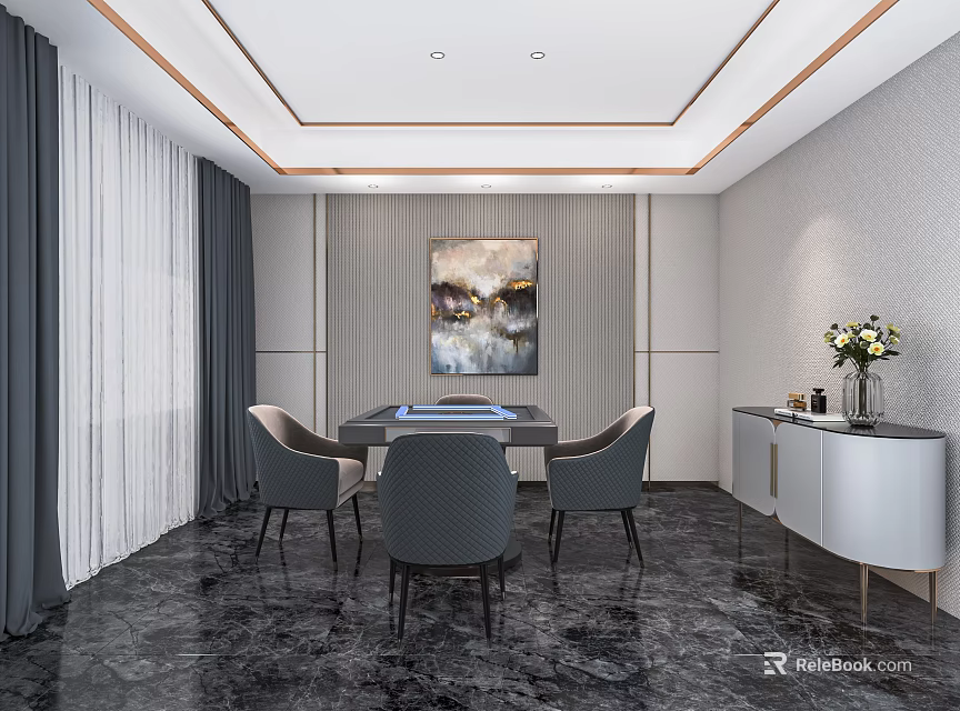 Interior of Hotel Mahjong Room With Decorative Painting Chairs Cabinet And Marble Floor 3d model 