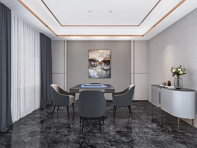 Interior of Hotel Mahjong Room With Decorative Painting Chairs Cabinet And Marble Floor 3d model