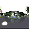 Modern Outdoor Exhibition Space With Design Tech Plants Bench Circular Decor And Greenery