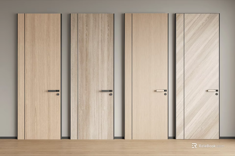 Modern Wooden Swing Doors With Different Wood Grain Patterns And Metal Handles 3d model 