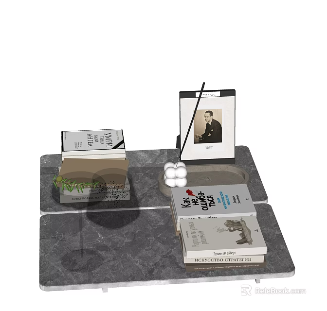 Modern Decorative Ornaments Set With Stacked Books Photo Frame And White Spherical Decor On Tabletop 3d model 
