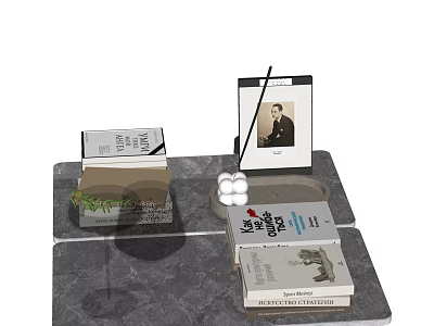 Modern Decorative Ornaments Set With Stacked Books Photo Frame And White Spherical Decor On Tabletop 3d model