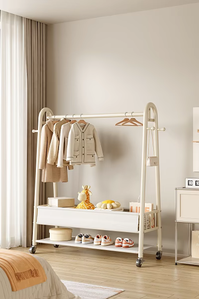White Floor Standing Clothes Hanger With Hanging Light Clothes And Stuffed Giraffe 3d model