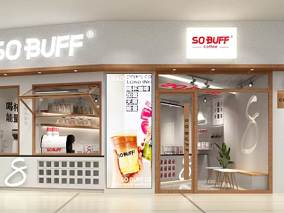 SO BUFF Café Modern Storefront Design With Displayed Drinks Wooden Furniture And Green Plants 3d model