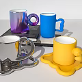 Colorful Modern Cups With Purple Blue Silver Yellow Hues Unique Handles And Irregular Trays