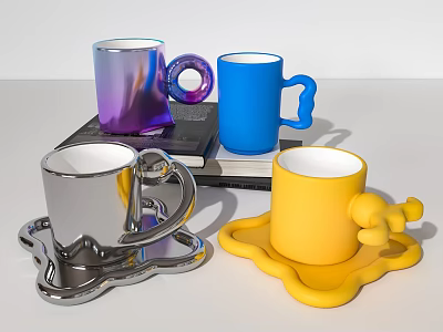 Colorful Modern Cups With Purple Blue Silver Yellow Hues Unique Handles And Irregular Trays 3d model