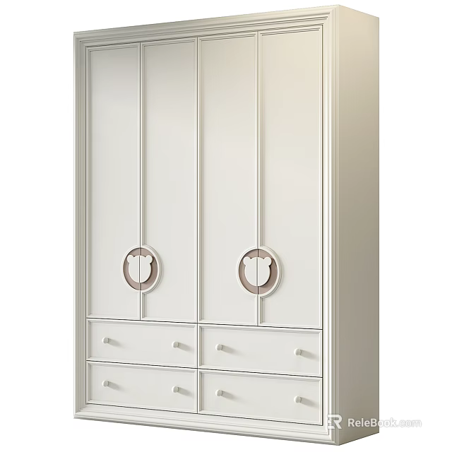 Modern White Wardrobe With Round Handle Design And Drawer Storage For Bedroom 3d model