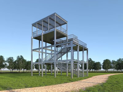 Modern Roadside Facilities Metal Tower Structure With Staircase Path And Green Grassland 3d model