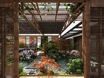 Serene Roof Garden Featuring Wooden Lattice Climbing Vines Stone Path Red Maple And Water Feature 3d model