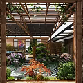 Serene Roof Garden Featuring Wooden Lattice Climbing Vines Stone Path Red Maple And Water Feature