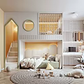 Kids Room Interior Design With Bunk Bed Stairs Circular Mirror Rug Toys Desk And Chair