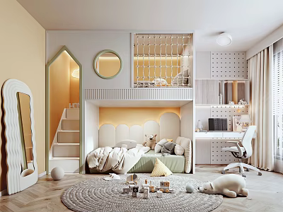 Kids Room Interior Design With Bunk Bed Stairs Circular Mirror Rug Toys Desk And Chair 3d model