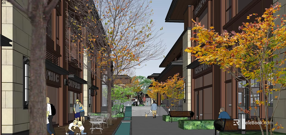 Vibrant Commercial Street with Traditional Buildings Autumn Trees and Pedestrian Seating Areas 3d model 