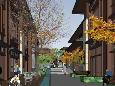 Vibrant Commercial Street with Traditional Buildings Autumn Trees and Pedestrian Seating Areas 3d model