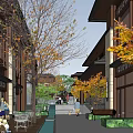 Vibrant Commercial Street with Traditional Buildings Autumn Trees and Pedestrian Seating Areas