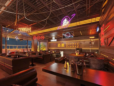 Modern Bar Interior With Stylish Lighting Seating Area And Bar Counter 3d model