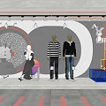 Modern Window Display Featuring Mannequins Striped Shirt Black Top Robot Head Flamingo Decor Neon Lights
