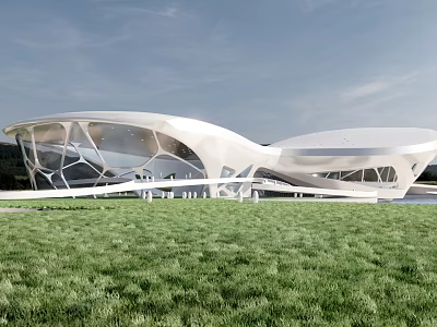 Unique Modern White Curved Architectural Structure In Green Grass Field With Blue Sky 3d model