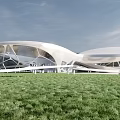 Unique Modern White Curved Architectural Structure In Green Grass Field With Blue Sky