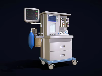 Medical Anesthesia Machine With Display Screen Control Knobs Reservoir Bag And Wheeled Cart 3d model