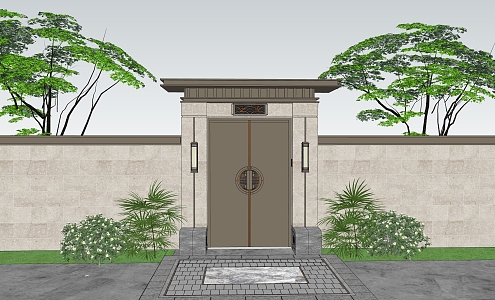 New Chinese Style Gate Patio Door Entrance Gate Building Wall Lamp Residential Area Gate Villa Gate Planting Pool Landscape Tree 3d model