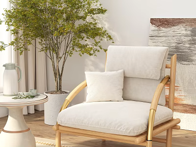 Stylish Single Sofa With Wooden Frame Beige Cushion Small Table Green Plant And Abstract Painting 3d model
