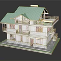 Cartoon Style House Scene With Green Roof Balconies Yellow Elements And White Walls