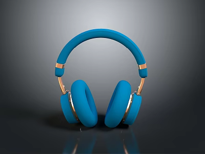 Blue Over Ear Headphones With Gold Accents Computer Accessory On Black Surface With Reflection 3d model
