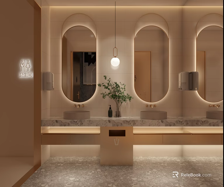 Modern Other Restroom Interior With Oval Mirrors Warm Lighting And Greenery 3d model 