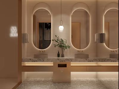 Modern Other Restroom Interior With Oval Mirrors Warm Lighting And Greenery 3d model