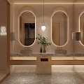 Modern Other Restroom Interior With Oval Mirrors Warm Lighting And Greenery