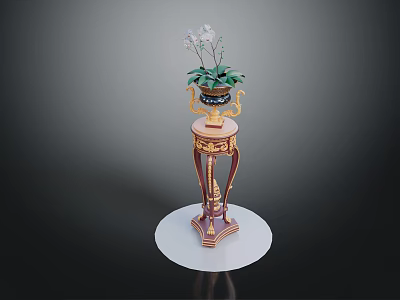 Orchid Plant In Decorative Gold Trimmed Pedestal With White Circular Base 3d model