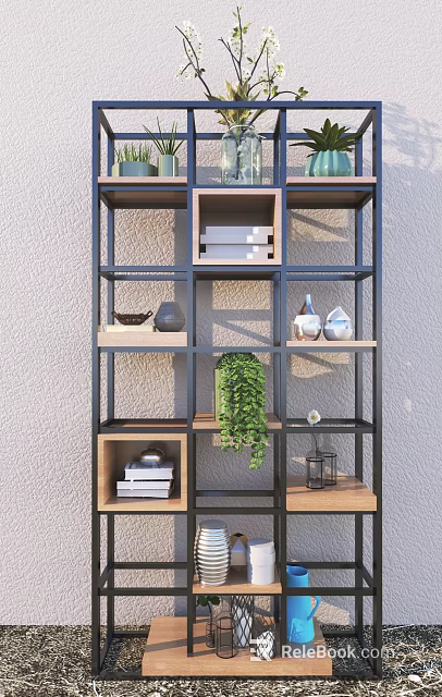Multifunctional Modern Shelf Unit With Metal Frame Wooden Layers And Decorative Plants Vases 3d model 