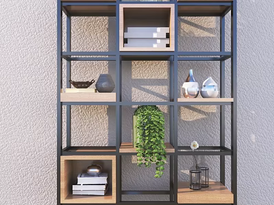 Multifunctional Modern Shelf Unit With Metal Frame Wooden Layers And Decorative Plants Vases 3d model