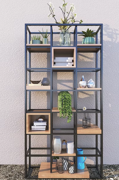Multifunctional Modern Shelf Unit With Metal Frame Wooden Layers And Decorative Plants Vases 3d model